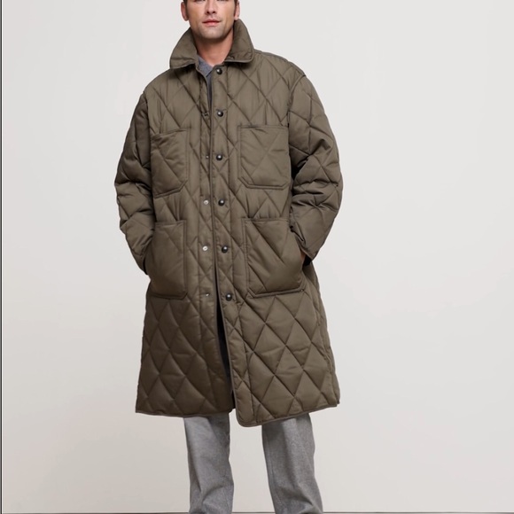 Men's Olive Quilted Long Coat - Picture 1 of 6